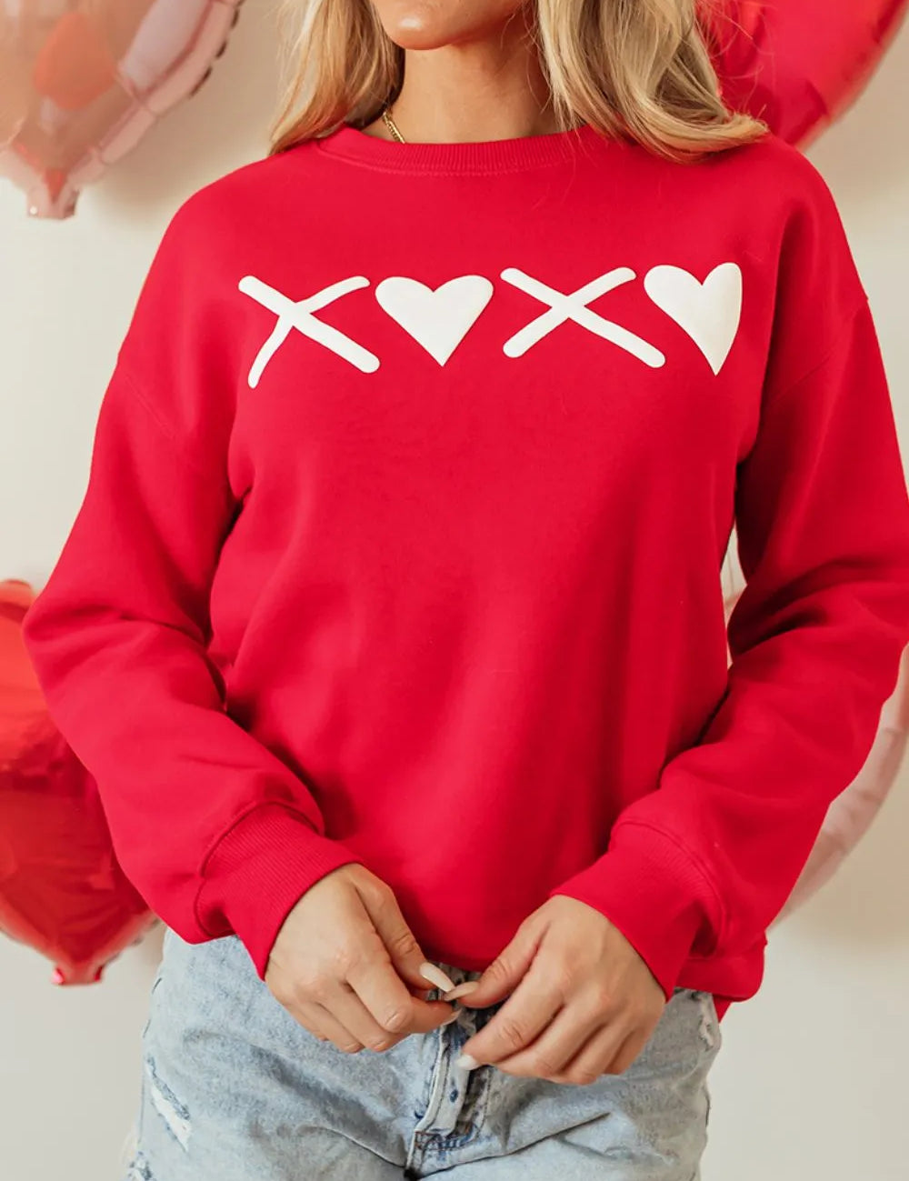 Red Valentine’s Day XOXO Round Neck Drop Shoulder Sweatshirt | Sweatshirts Daverri Fashions