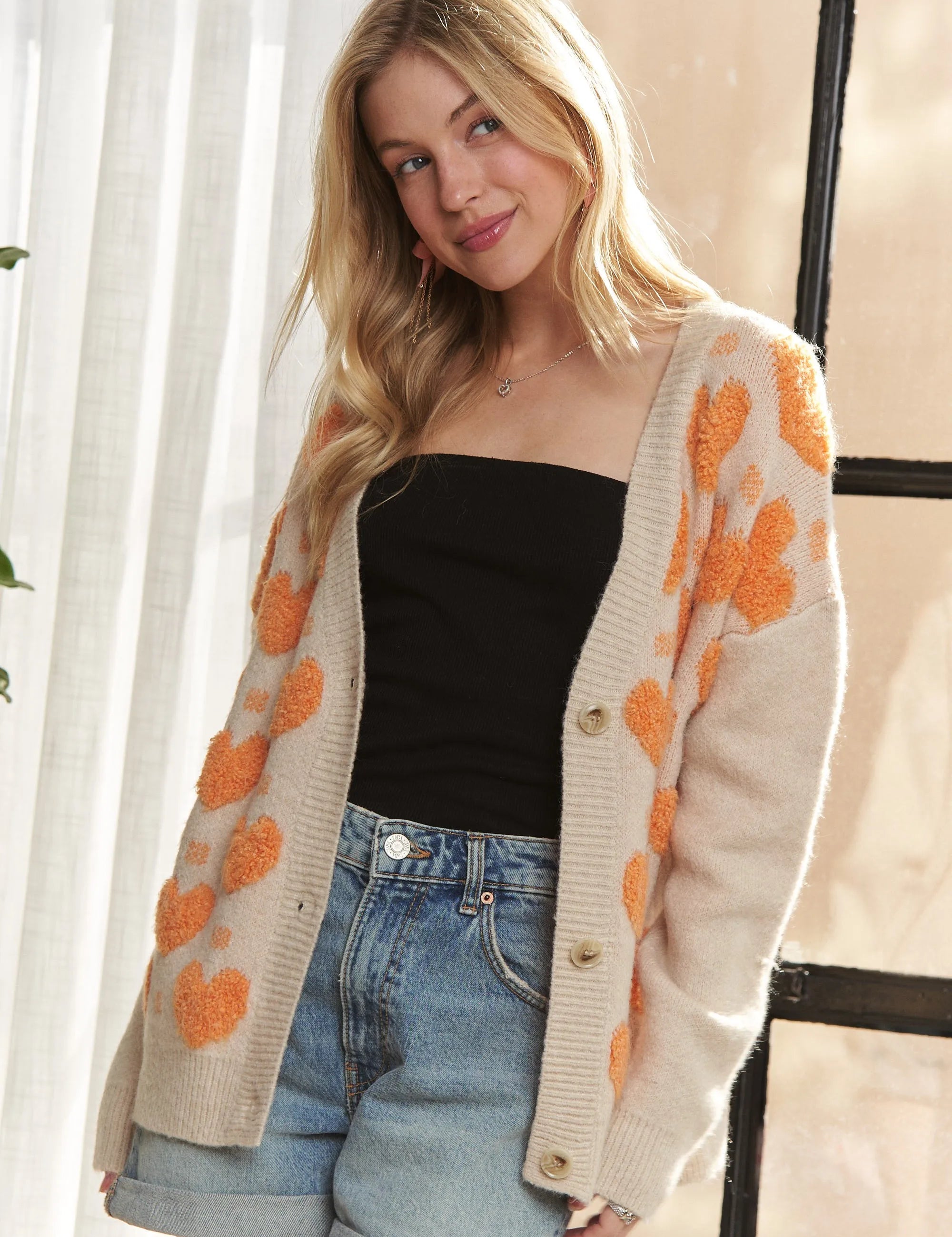 OATMEAL ORANGE ADORA Button Down Heart Sweater Cardigan | Cardigans Daverri Fashions