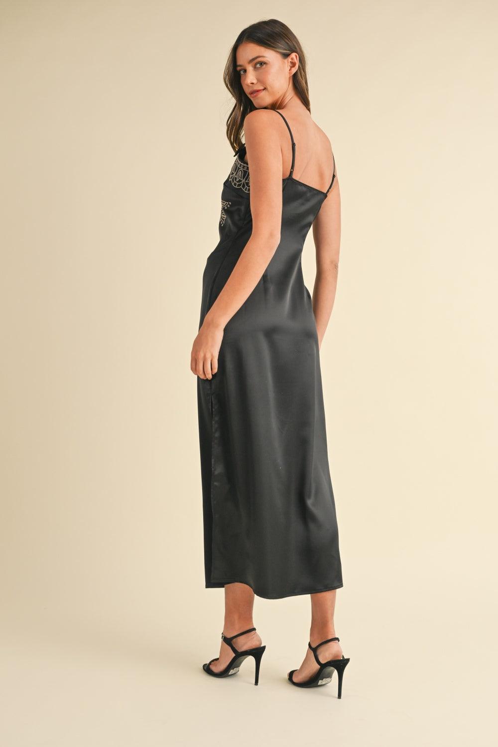 Mable Embroidered Cami Satin Midi Slit Dress | Daverri Fashions
