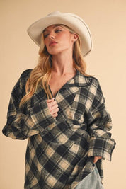 Aemi + Co Slit Plaid Half Zip Drop Shoulder Top | Tops Daverri Fashions