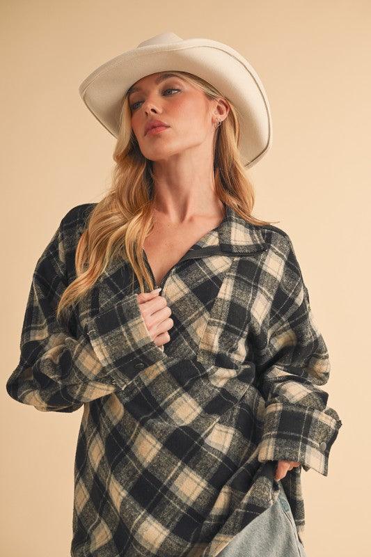 Aemi + Co Slit Plaid Half Zip Drop Shoulder Top | Tops Daverri Fashions