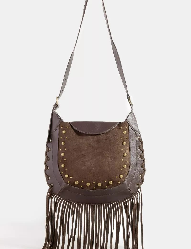 DBR one size Fame Rivet Trim Suede Fringe Shoulder Bag | Handbags Daverri Fashions