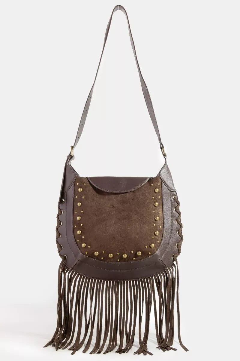 DBR one size Fame Rivet Trim Suede Fringe Shoulder Bag | Handbags Daverri Fashions