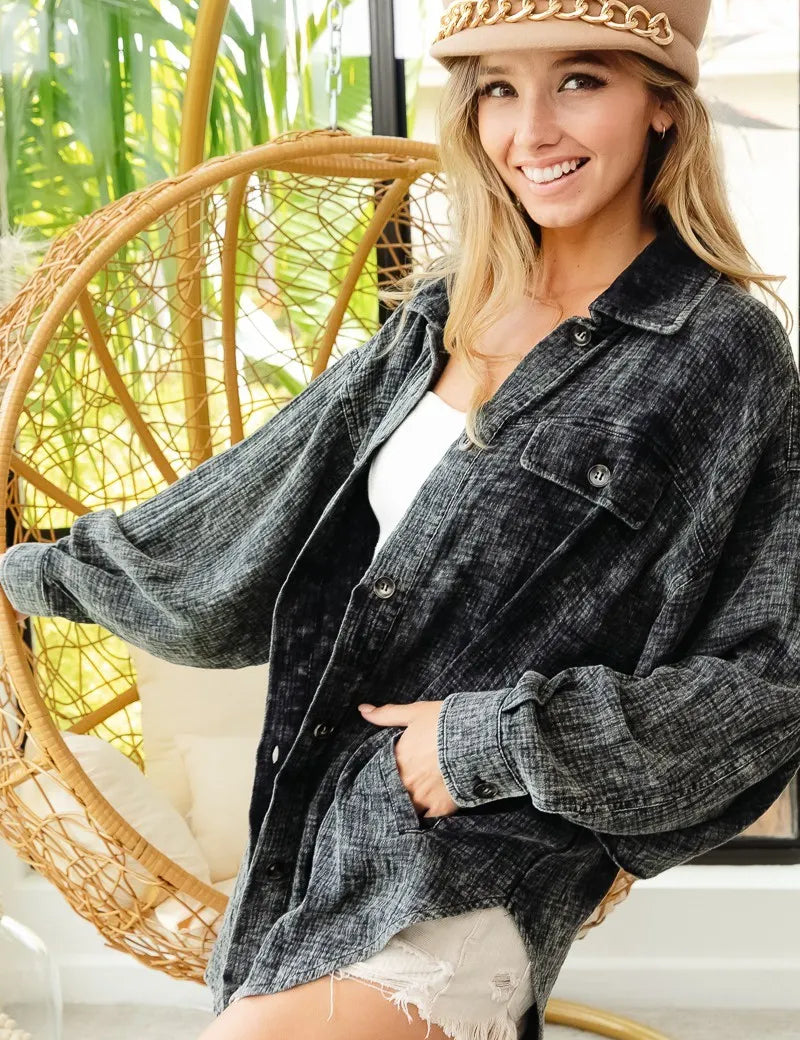 BLACK CHARCOAL XL BiBi Vintage Washed Wrinkle Gauze Shacket | Daverri Fashions