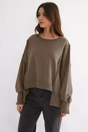 Exposed Seam High-Low Long Sleeve Sweatshirt | Daverri Fashions