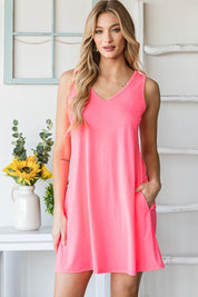Neon Pink Heimish Full Size V-Neck Mini Tank Dress with Pockets | Tank Dresses Daverri Fashions