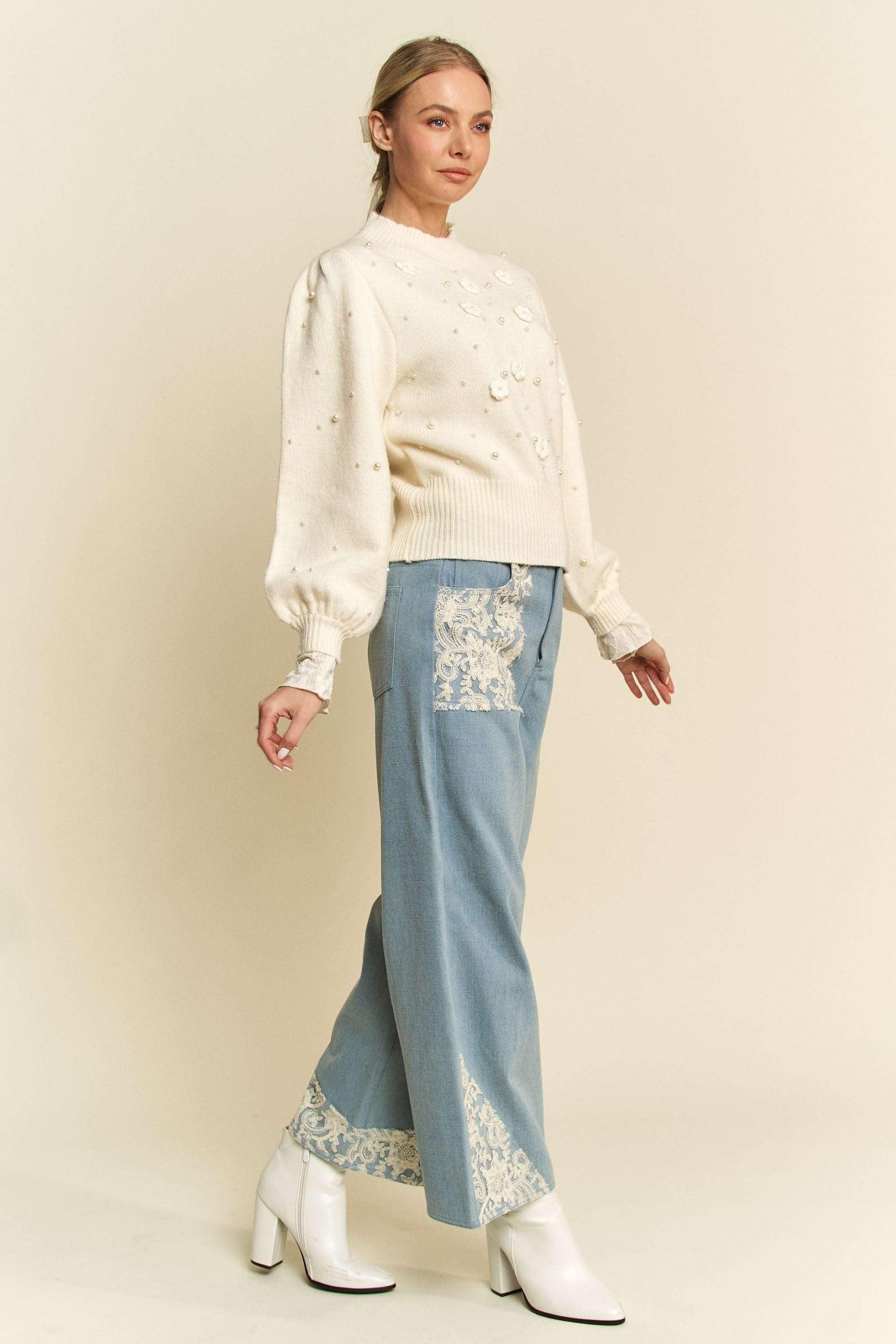Davi & Dani Lace Applique Wide Leg Jeans | Jeans Daverri Fashions