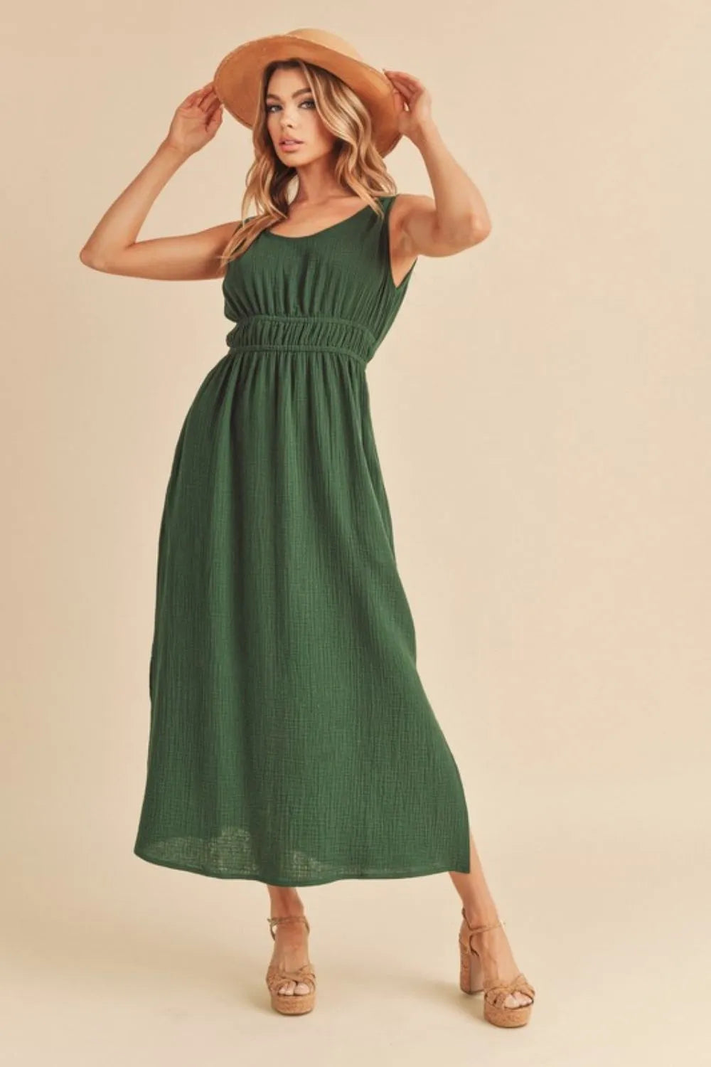 Dark Green Aemi + Co Side Slit Round Neck Sleeveless Tank Dress | Daverri Fashions