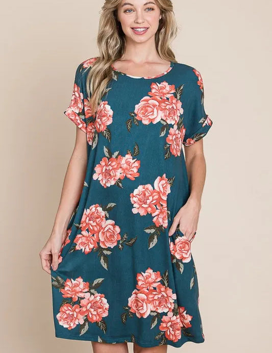French Blue BOMBOM Floral Round Neck Short Tee Dress with Pockets | Daverri Fashions