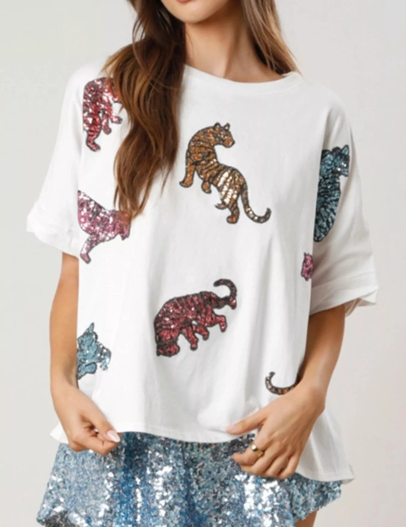 White Sequin Tiger Round Neck T-Shirt | T-Shirts Daverri Fashions