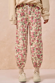 CREAM PINK BiBi Floral Printed Twill Drawstring Jogger Pants With Elastic Band | Joggers Daverri Fashions