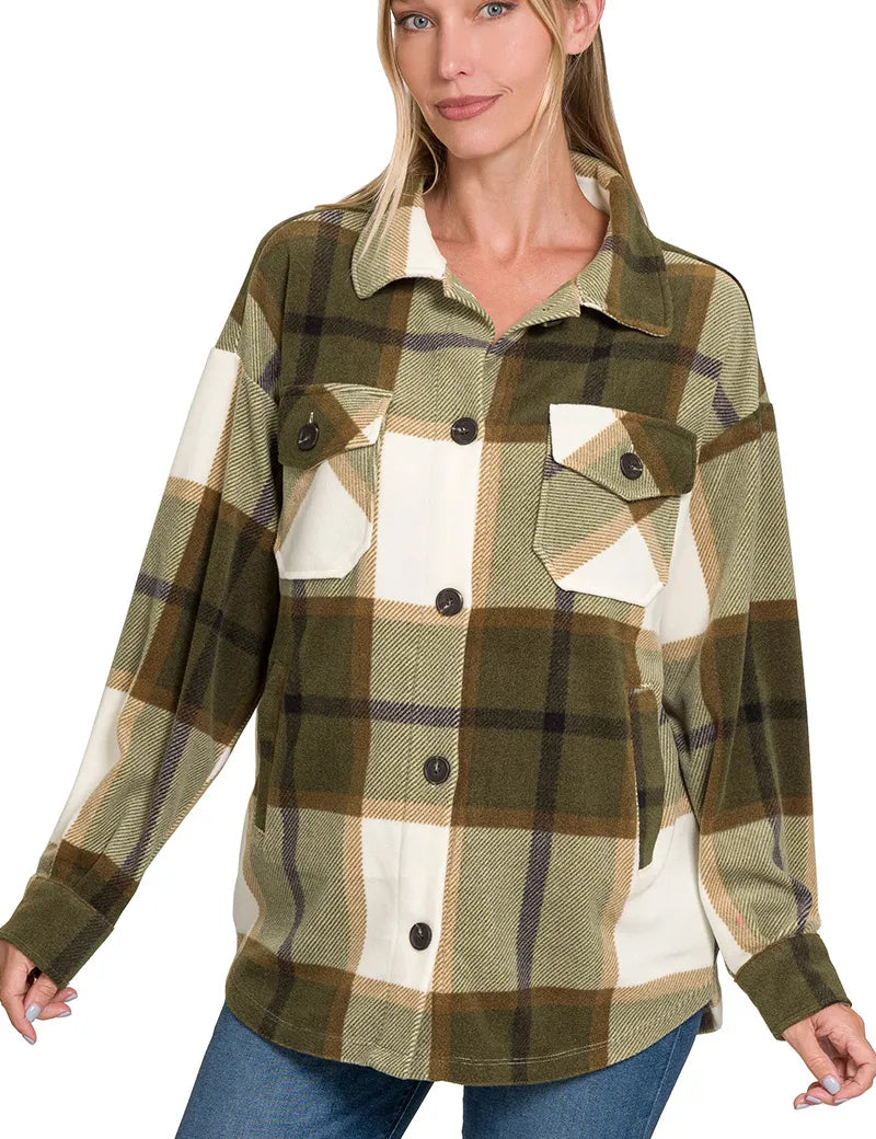 OLIVE Zenana Oversized Plaid Fleece Shacket | Shackets Daverri Fashions