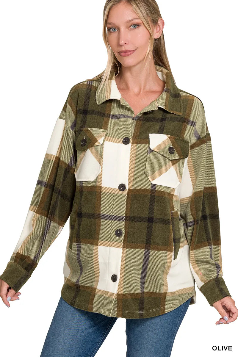 OLIVE Zenana Oversized Plaid Fleece Shacket | Shackets Daverri Fashions