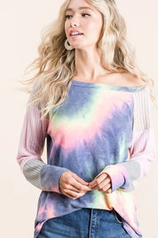 BiBi Tie Dye Terry Top With Color Block Pointelle Knit | Tops Daverri Fashions