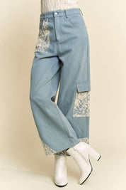 Davi & Dani Lace Applique Wide Leg Jeans | Jeans Daverri Fashions