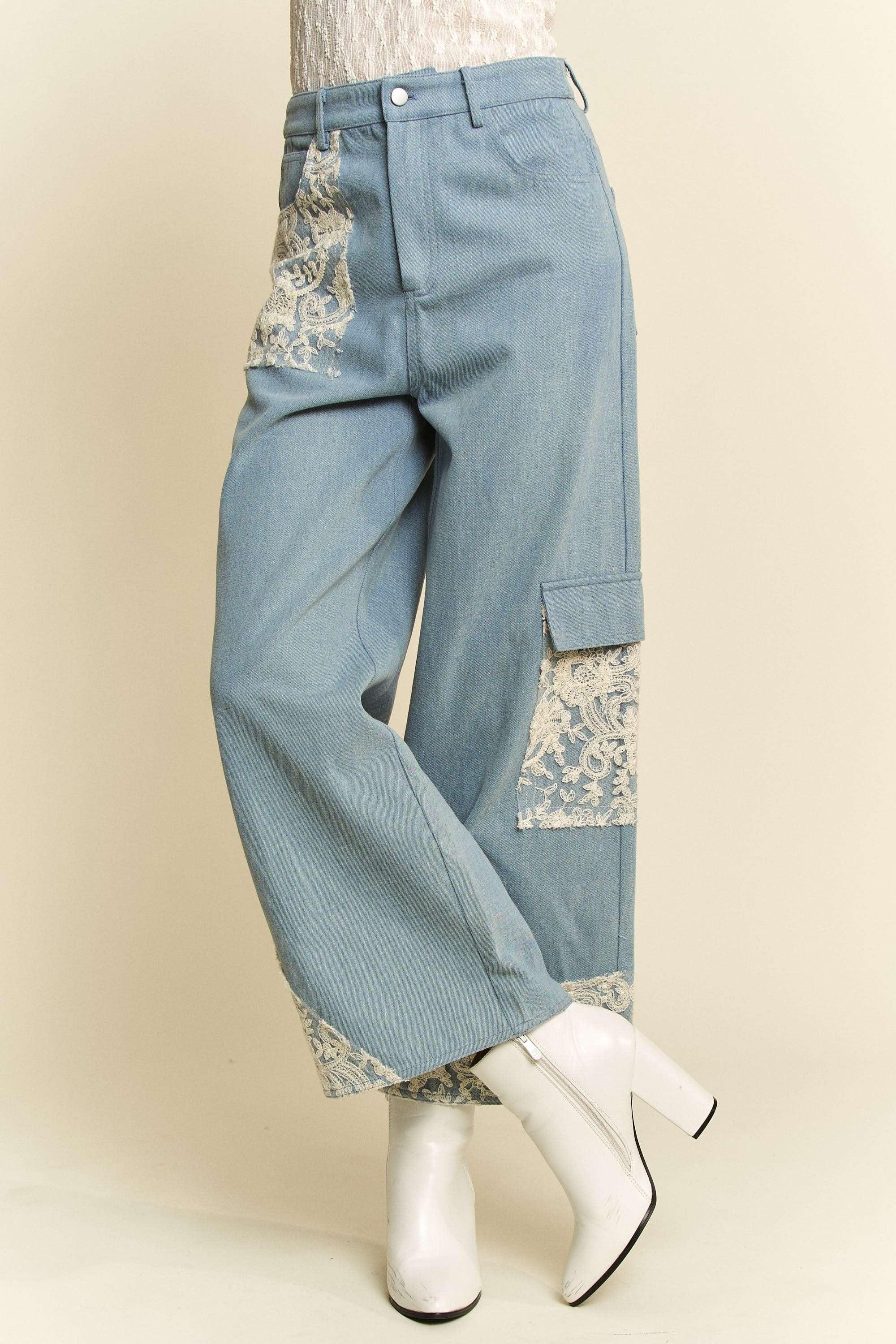 Davi & Dani Lace Applique Wide Leg Jeans | Jeans Daverri Fashions