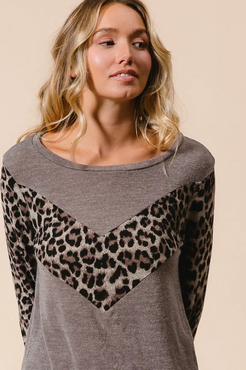 BiBi Sweater Knit Top With Leopard V Shape Block | Sweaters Daverri Fashions