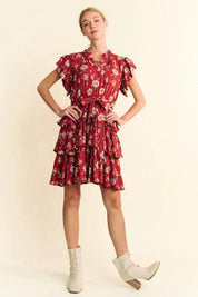 Davi & Dani Ruffle Flutter Sleeve Tie Belt Tiered Mini Dress | Mini Dresses Daverri Fashions