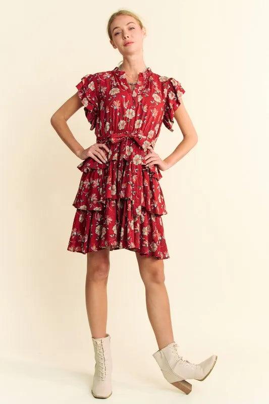 Davi & Dani Ruffle Flutter Sleeve Tie Belt Tiered Mini Dress | Mini Dresses Daverri Fashions
