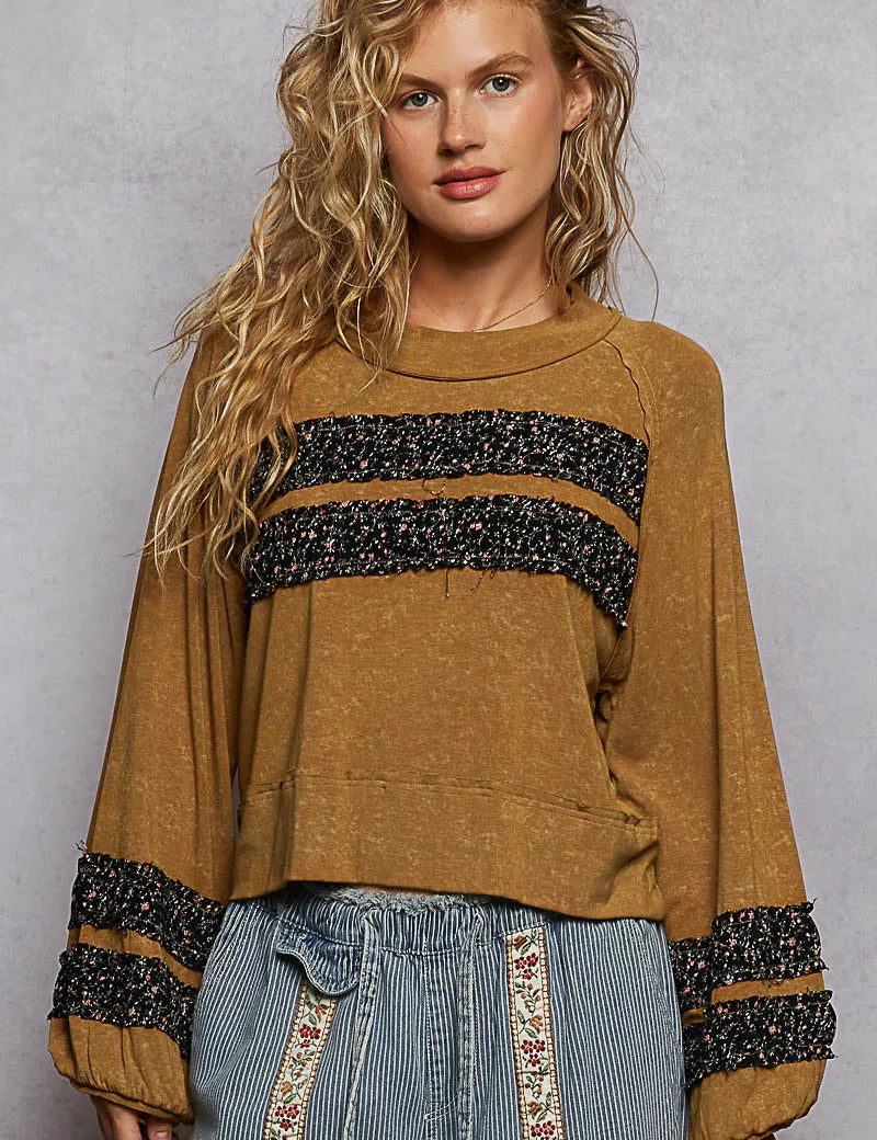 RUSTED OCHRE POL Print Patch Round Neck Balloon Sleeve Cropped Top | Tops Daverri Fashions