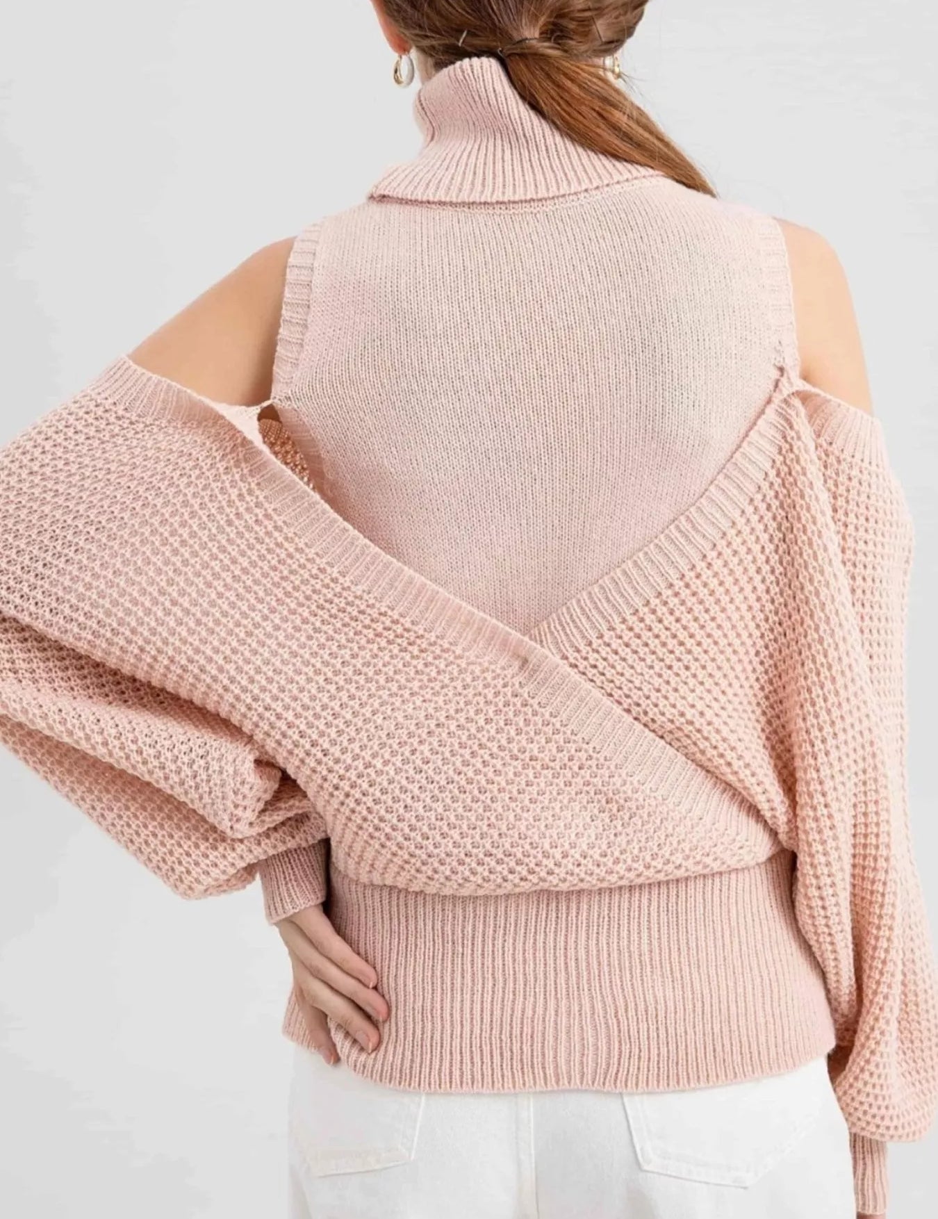 Waffle Knit Cold Shoulder Turtleneck Sweater | Sweaters Daverri Fashions