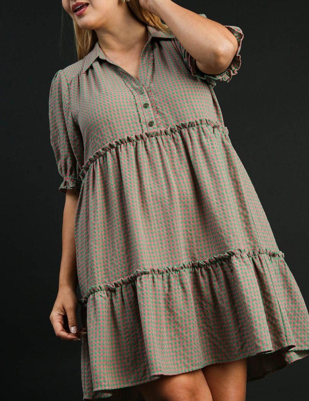 Umgee Full Size Plaid Frill Button Detail Ruffled Short Sleeve Dress Plus Size | Daverri Fashions