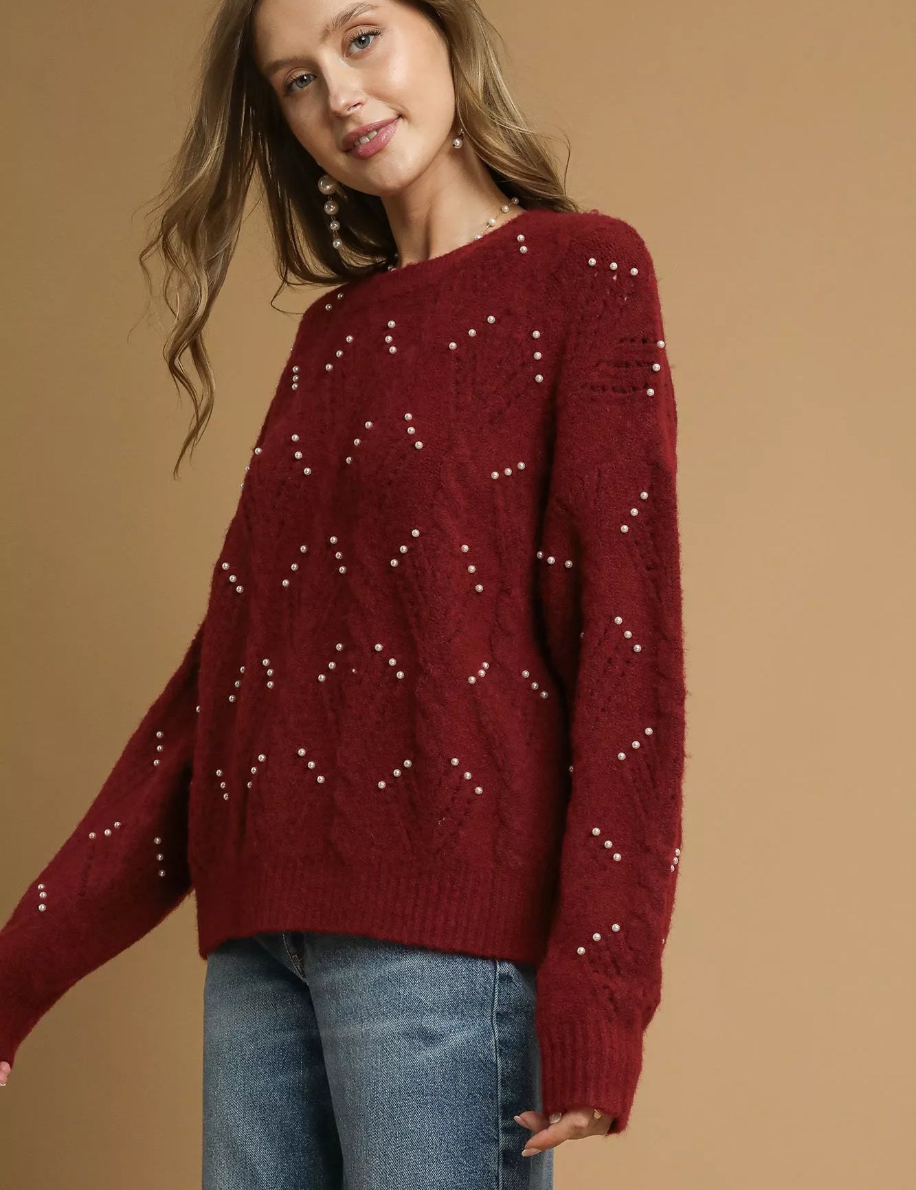 Umgee Pearl-Embellished Long Sleeve Sweater | Sweaters Daverri Fashions