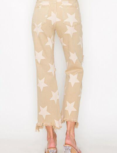 RISEN Full Size High Rise Star Printed Frayed Hem Jeans | Jeans Daverri Fashions