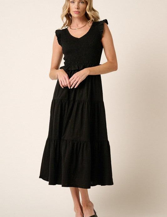 Black Mittoshop Smocked Ruffled Tiered Midi Dress | Mid Dresses Daverri Fashions