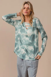 BiBi Variegated Tie Dye Rib V-Neck Top with Strapped | Tops Daverri Fashions