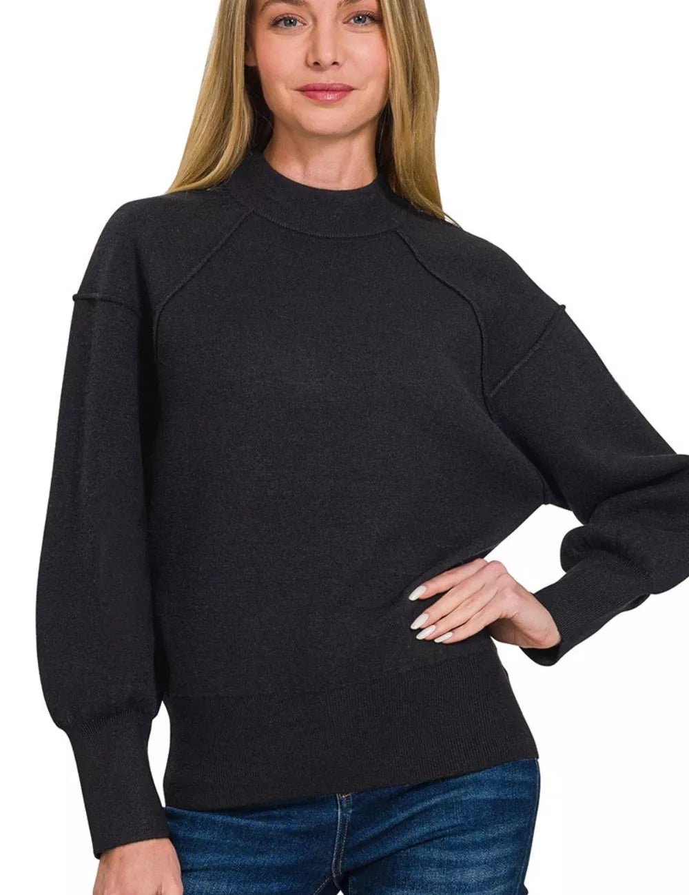 BLACK Zenana Viscose Mock Neck Exposed Seam Sweater | Sweaters Daverri Fashions