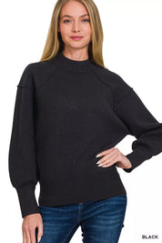 BLACK Zenana Viscose Mock Neck Exposed Seam Sweater | Sweaters Daverri Fashions