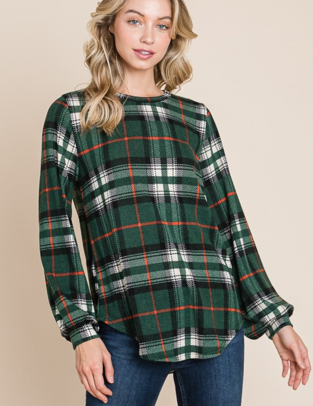 Green BOMBOM Curved Hem Plaid Round Neck Long Sleeve Top | Tops Daverri Fashions