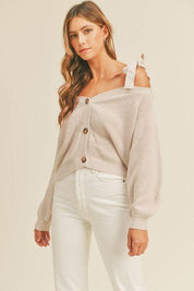 Dusty Lavender MABLE Off Shoulder Self Tie Strap Button Down Sweater | Sweaters Daverri Fashions