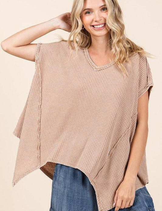 Tan S M Mittoshop Mineral Wash Waffle Knit Pointed Hem Oversized Top | Tops Daverri Fashions