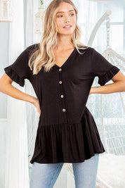 Heimish Full Size Ruffled V-Neck Short Sleeve Blouse Plus Size | Blouses Daverri Fashions