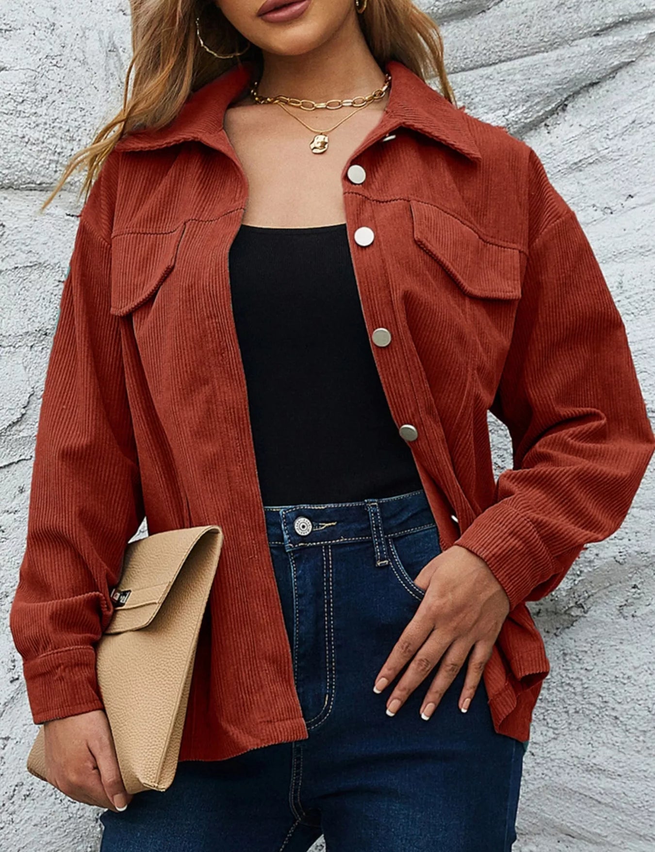 Rust Corduroy Button-Down Shacket | Shackets Daverri Fashions