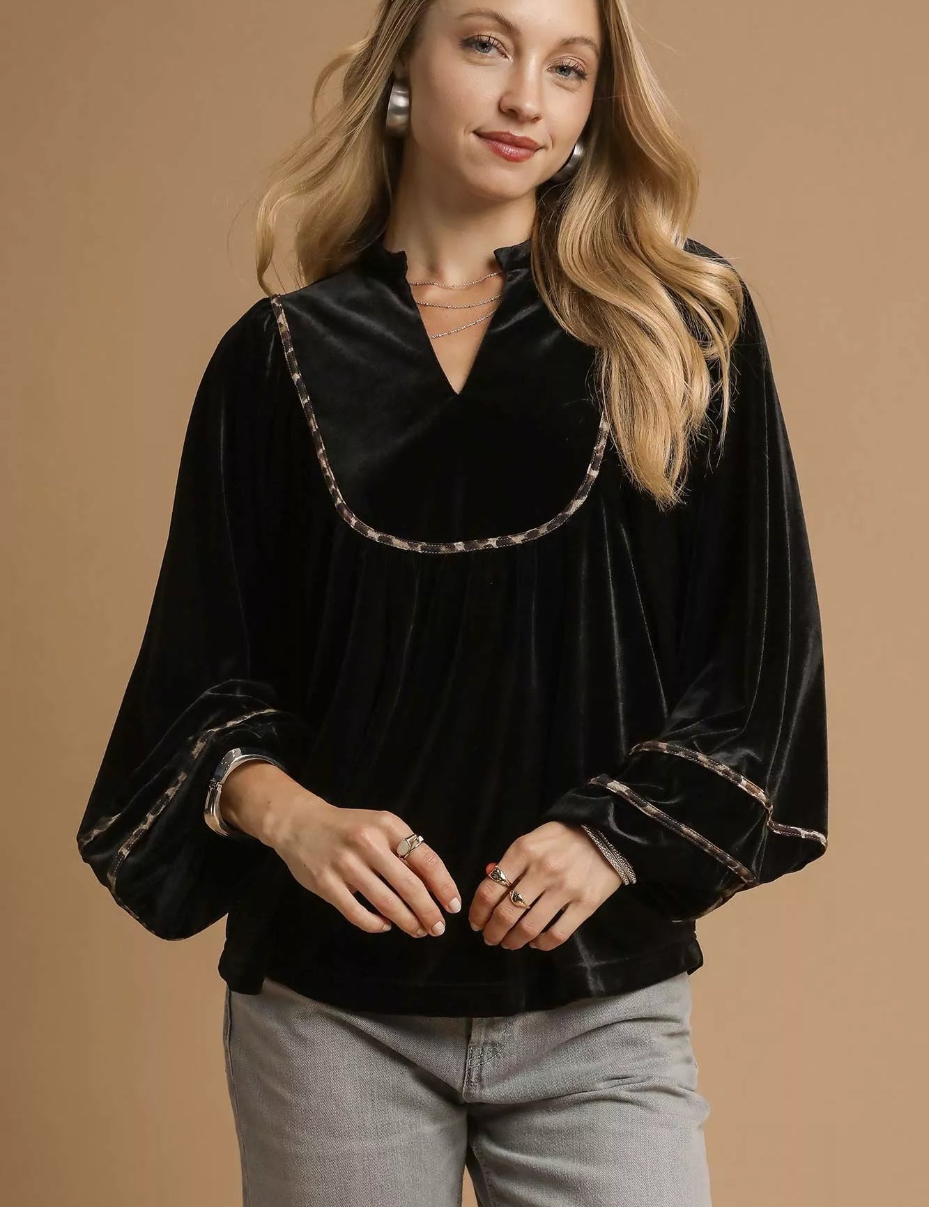 Black Umgee Velvet Long Sleeve Blouse with Contrast Trim | Blouses Daverri Fashions