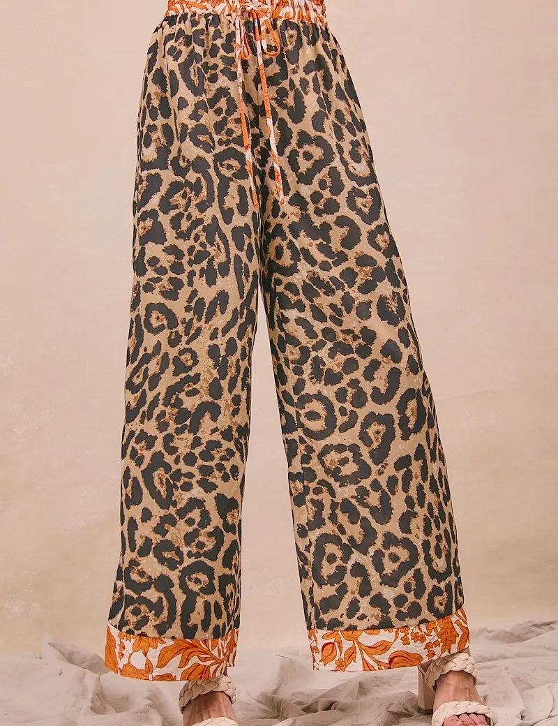 LEOPARD RUST BiBi Leopard Print With Contrast Banded Wide Pants | Pants Daverri Fashions