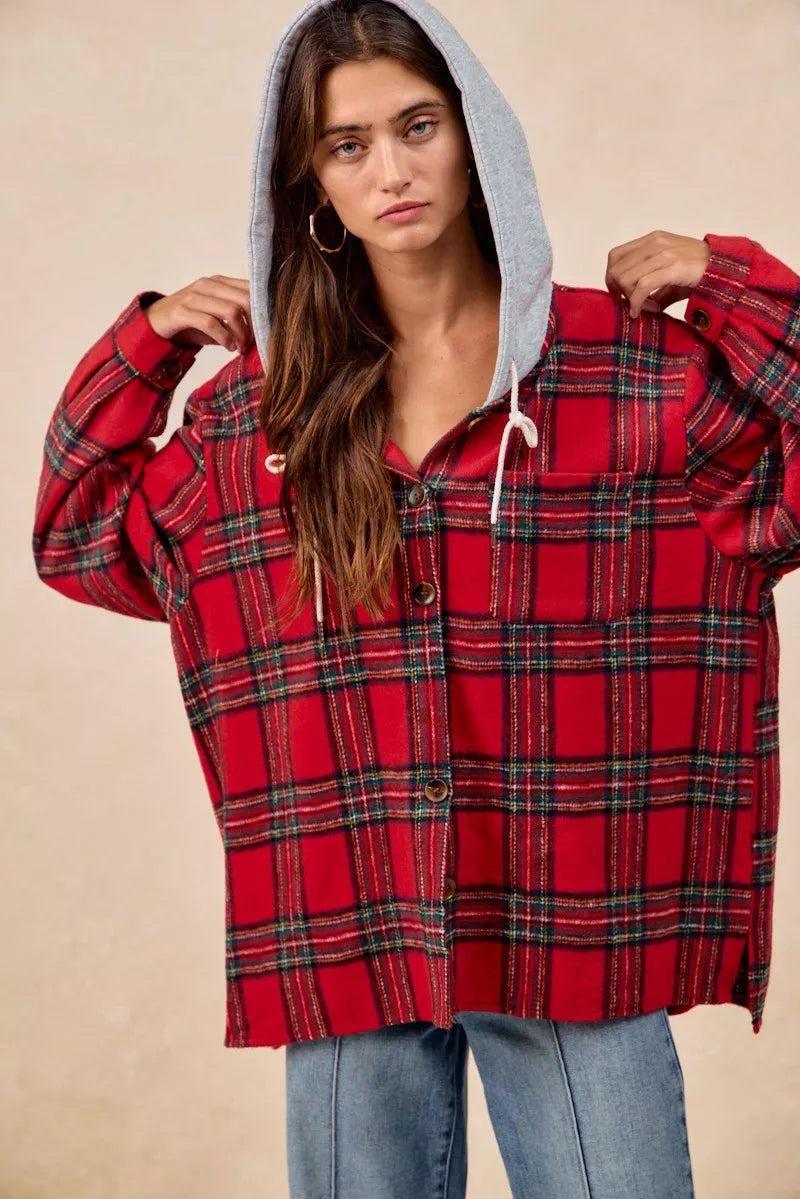BiBi Brushed Plaid Hooded Jacket | Jackets Daverri Fashions