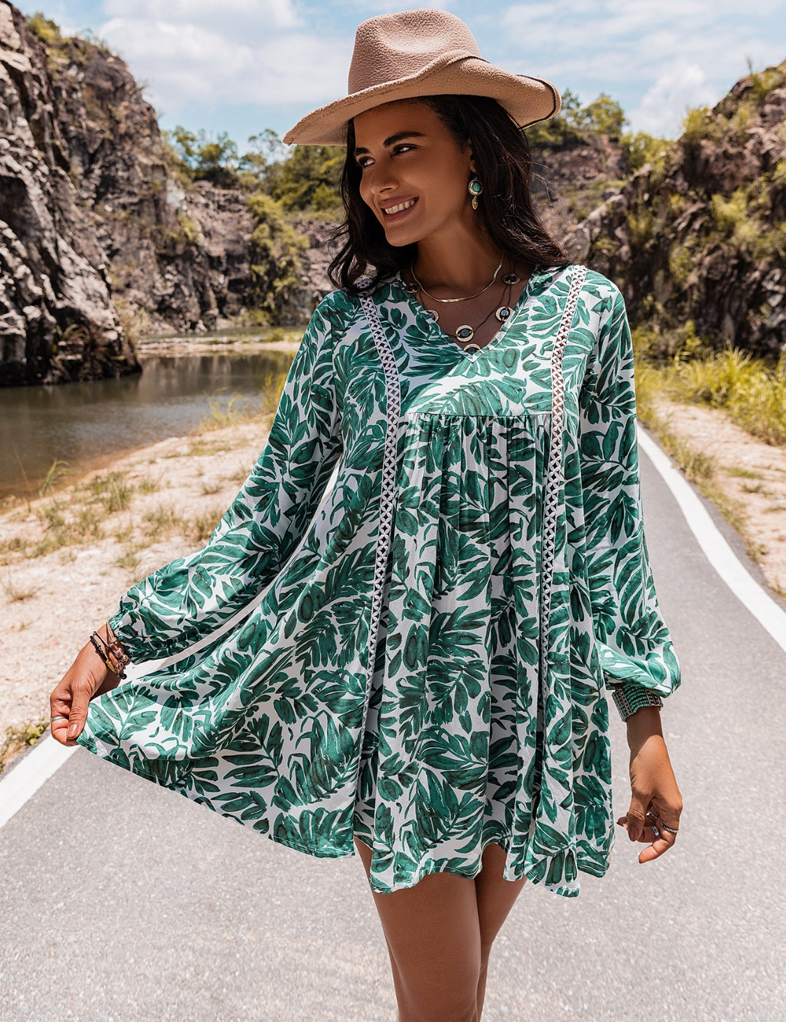 Turquoise Long Sleeve V-Neck Mini Dress | Dresses Daverri Fashions