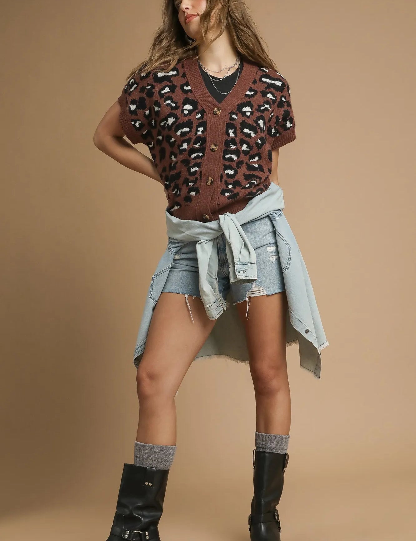 Umgee Leopard Button Down Short Sleeve Cardigan | Cardigans Daverri Fashions