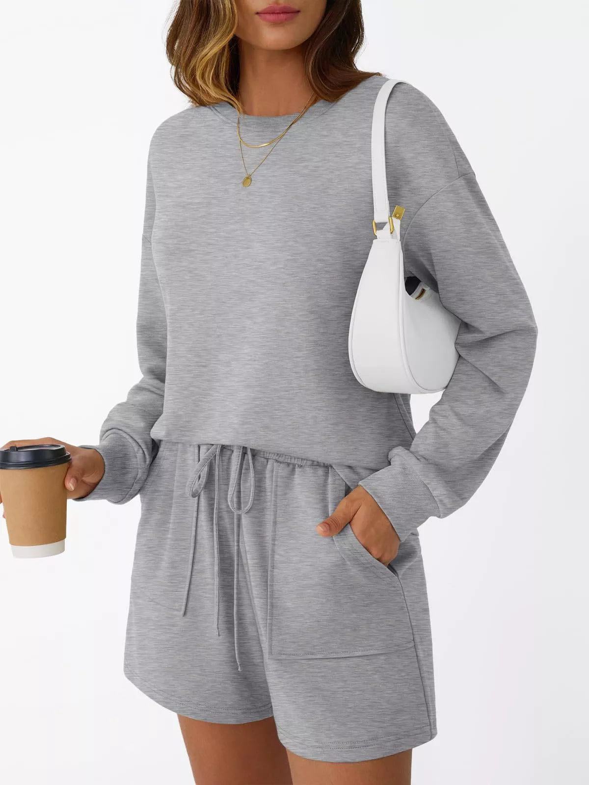 Round Neck Long Sleeve Top and Shorts Set | Loungewear Sets Daverri Fashions