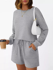 Round Neck Long Sleeve Top and Shorts Set | Loungewear Sets Daverri Fashions