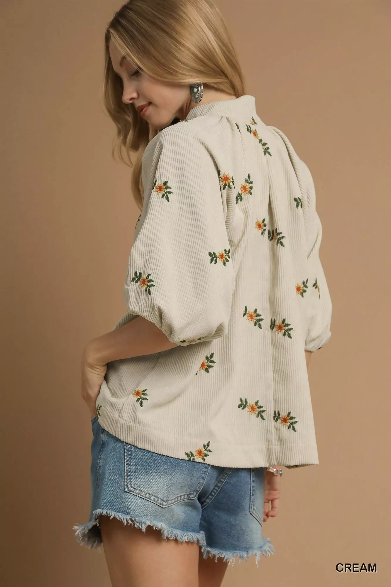 Umgee Corduroy Floral Embroidered Puff Sleeve Blouse | Blouses Daverri Fashions