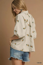 Umgee Corduroy Floral Embroidered Puff Sleeve Blouse | Blouses Daverri Fashions