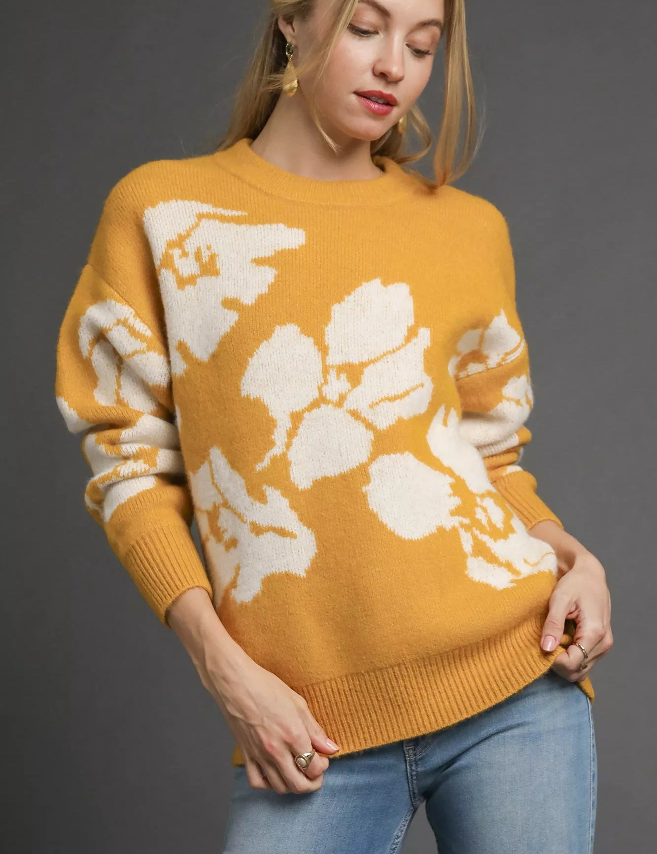 MUSTARD CREAM Umgee Floral Long Sleeve Sweater Mustard | Sweaters Daverri Fashions