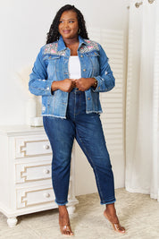 Baeful Leopard Floral Distressed Raw Hem Denim Jacket | Jackets Daverri Fashions