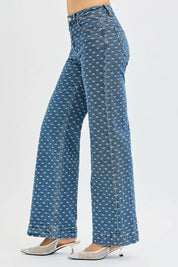 RISEN High Rise Wide Leg Bow Embroidered Jeans | Daverri Fashions