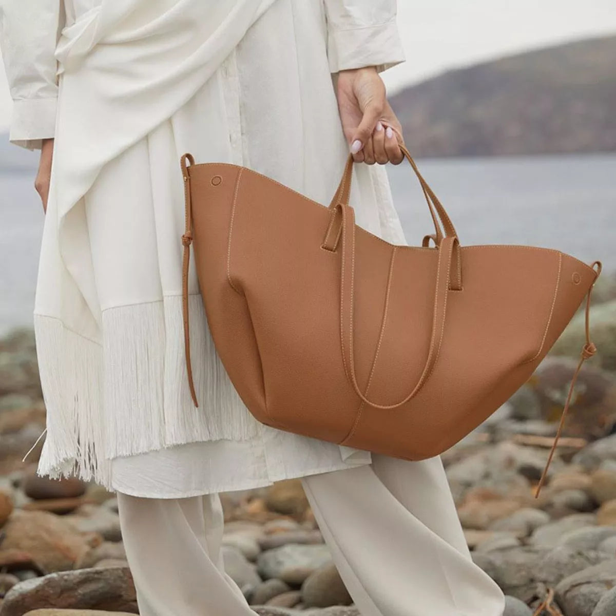 Caramel One Size Vegan Leather Tote Bag | Tote Bags Daverri Fashions